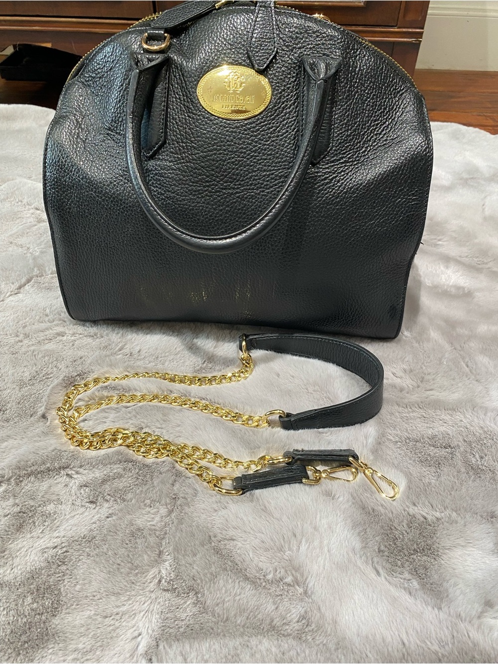 Roberto Cavalli Collection Black Leather Satchel with Gold Chain Strap